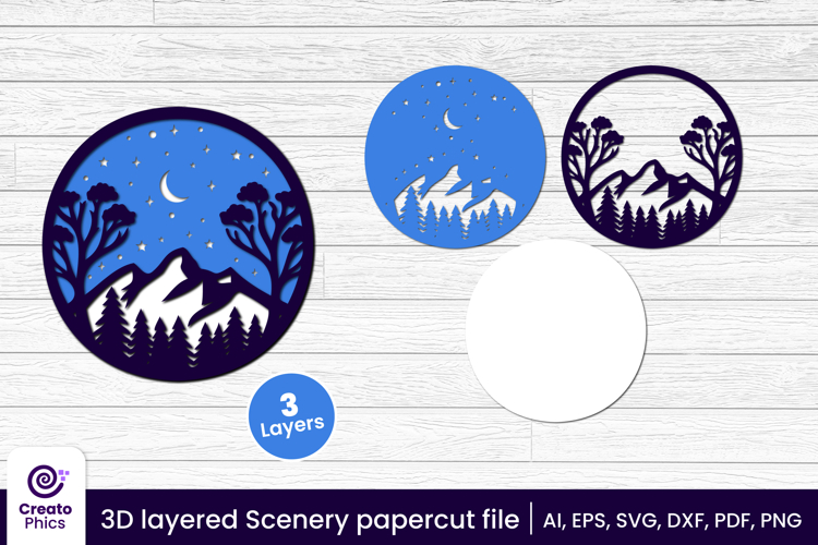3D layered papercut scenery svg | nature mountains decor