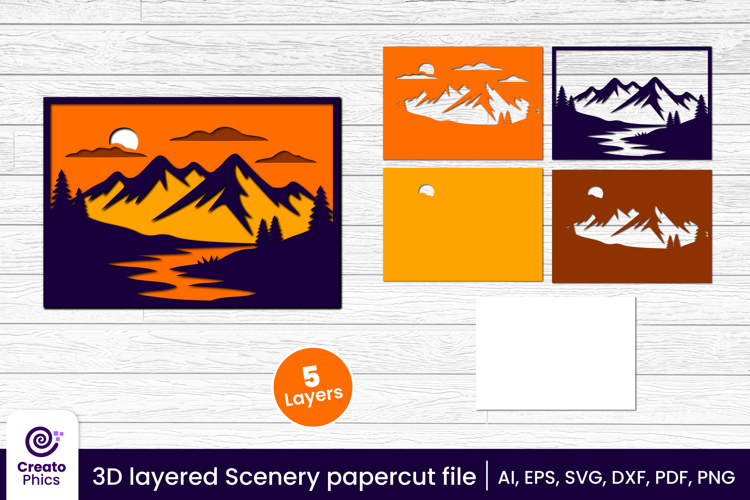 3D layered papercut scenery svg | nature mountains decor