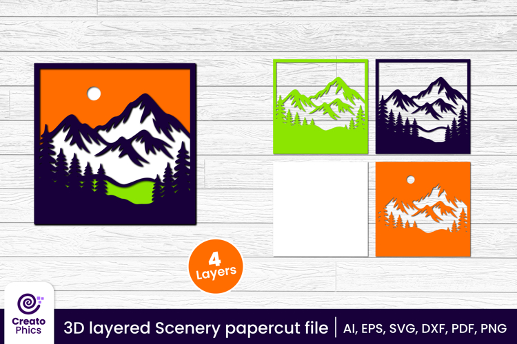 3D layered papercut scenery svg | nature mountains decor