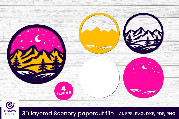 3D layered papercut scenery svg | nature mountains decor