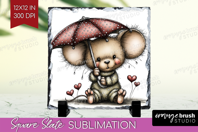 Mouse Valentine Slate PNG Whimsical Animal Square Slate