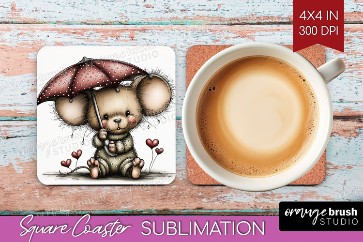 Mouse Valentine Square Coaster Whimsical Animal Coaster PNG