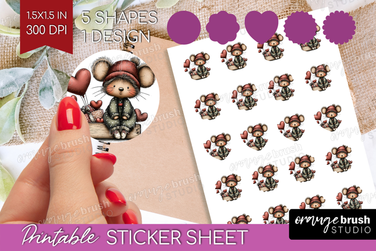 Mouse Valentine Round Sticker Whimsical Animal Printable