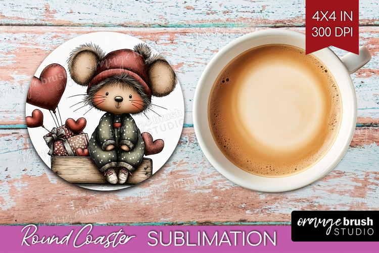 Mouse Valentine Round Coaster Whimsical Animal Coaster PNG