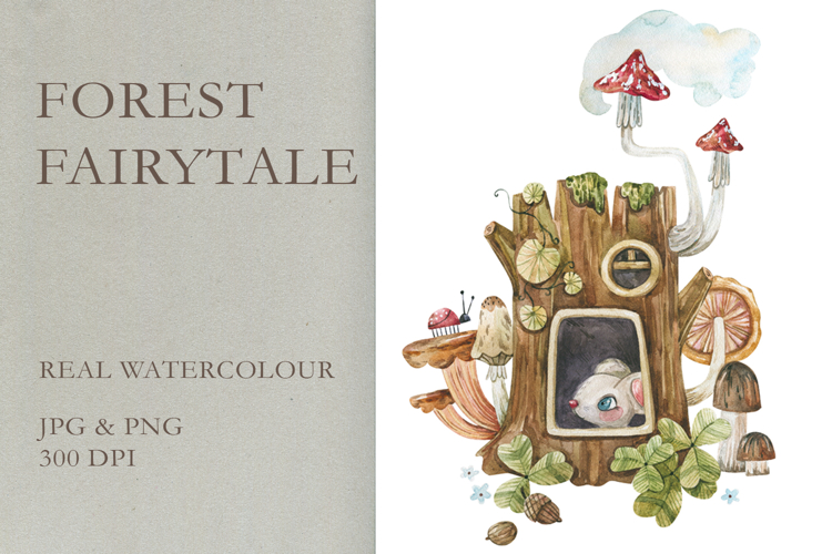 Watercolor Cute Mouse in Forest Stump House Illustration