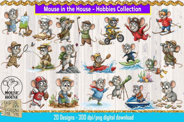 Mouse in the House Hobbies & Sport Clipart Bundle - 20 PNG