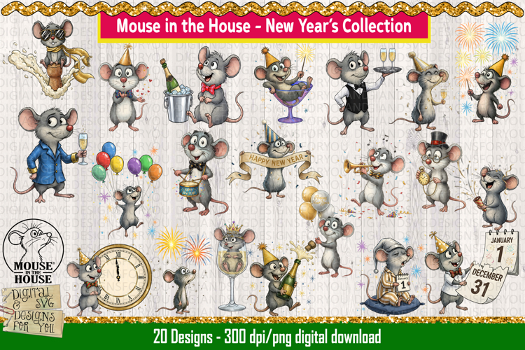 Mouse in the House New Year’s PNG Clipart Set - 20 PNGs