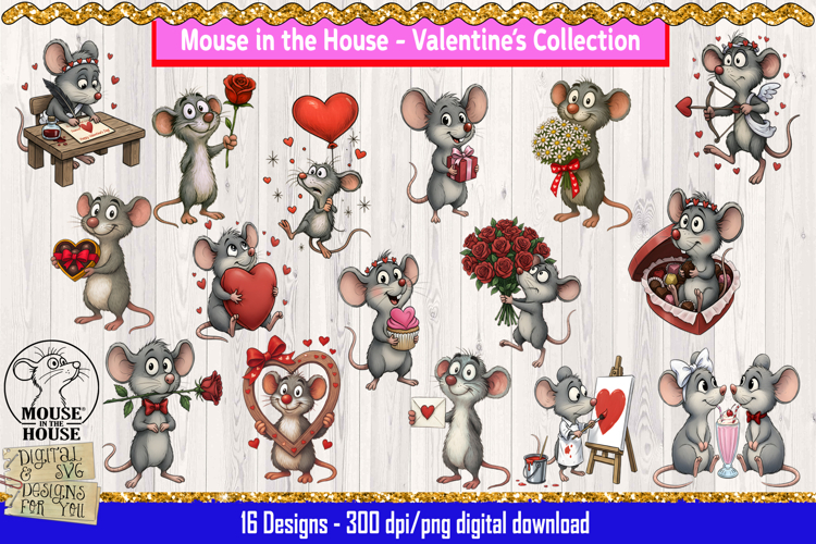 Mouse in the House Valentines Clipart Set - 16 PNGs