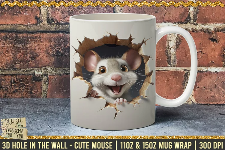 3D Mouse Hole In Wall Mug Wrap, 11 - 15oz Template 300dpi