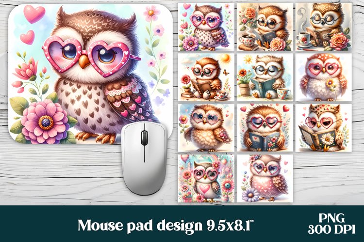 Cute owl with glasses flower mouse pad sublimation bundle