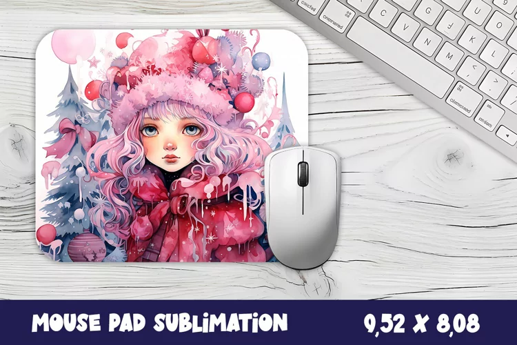 Pink girl in the winter forest mouse pad winter/ sublimation