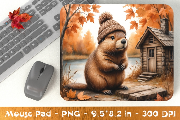 Beaver in Hat Autumn Mouse Pad PNG