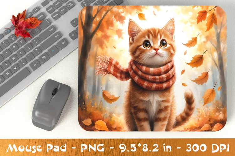 Kitten in Orange Scarf Fall Mouse Pad PNG