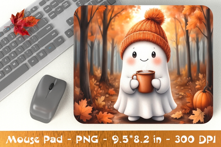 Ghost in Orange Hat with Coffee Mouse Pad Design