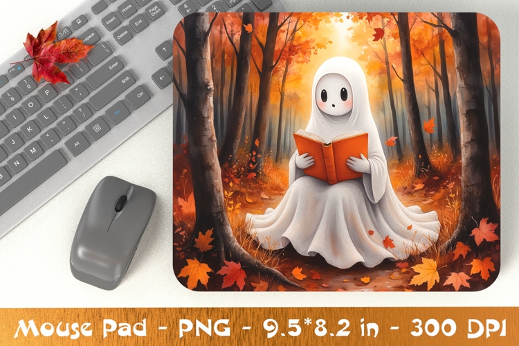 Ghost Reading Book in Autumn Forest Mouse Pad
