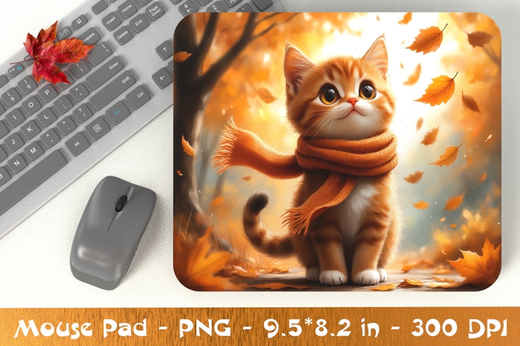 Kitten in Orange Scarf Fall Mouse Pad PNG