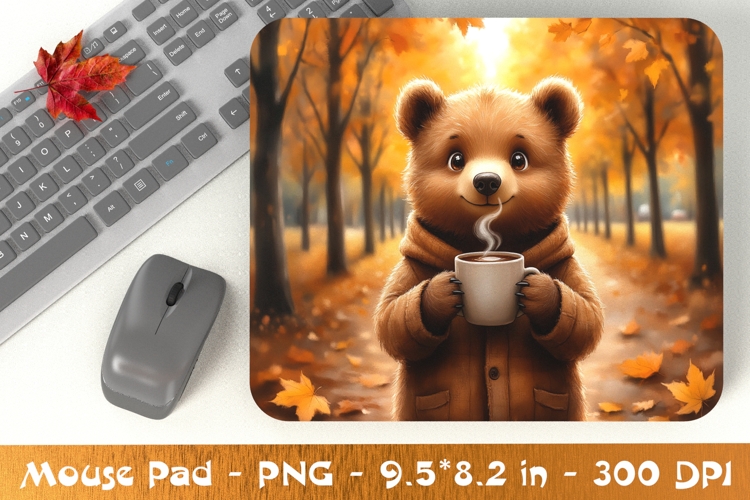 Bear with Coffee in Autumn Mouse Pad PNG