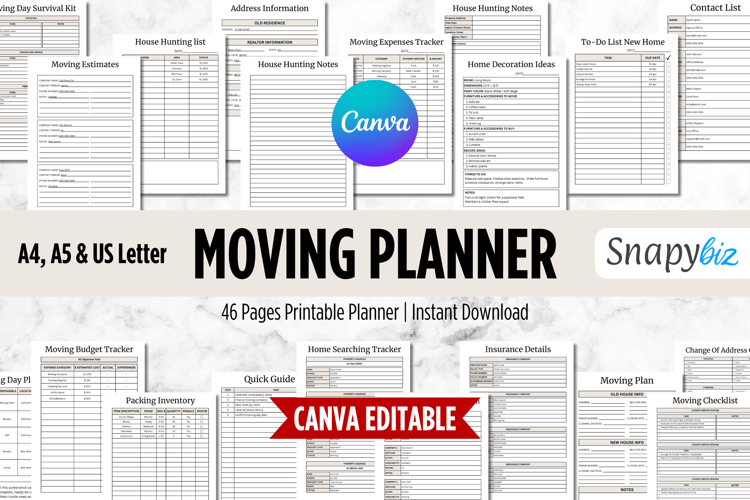 Canva Moving Checklist, Printable Planner PDF
