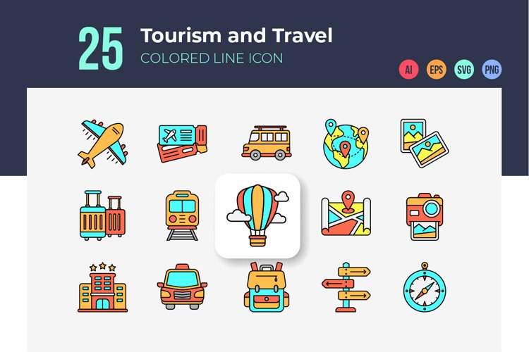 Tourism and Travel Icons Colored Line