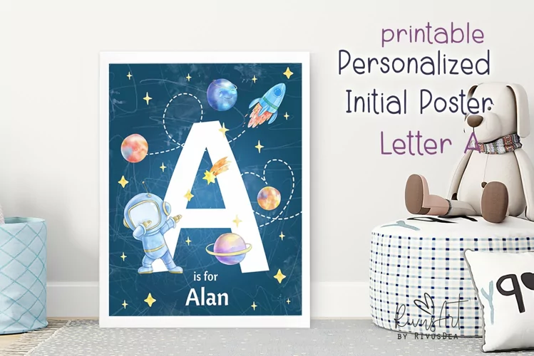 Letter A Space Wall Art | personalized initial name print