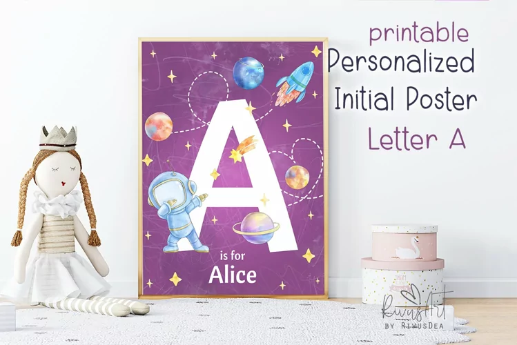 Letter A Space Wall Art | personalized initial name print