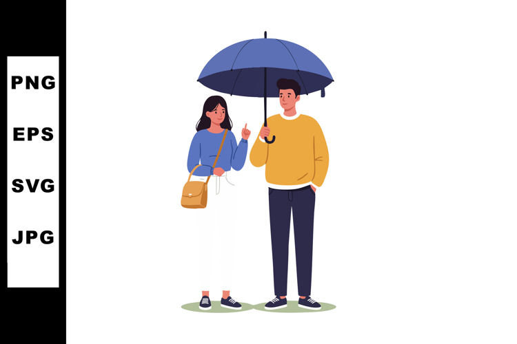 Couple standing under blue umbrella in casual clothing vecto