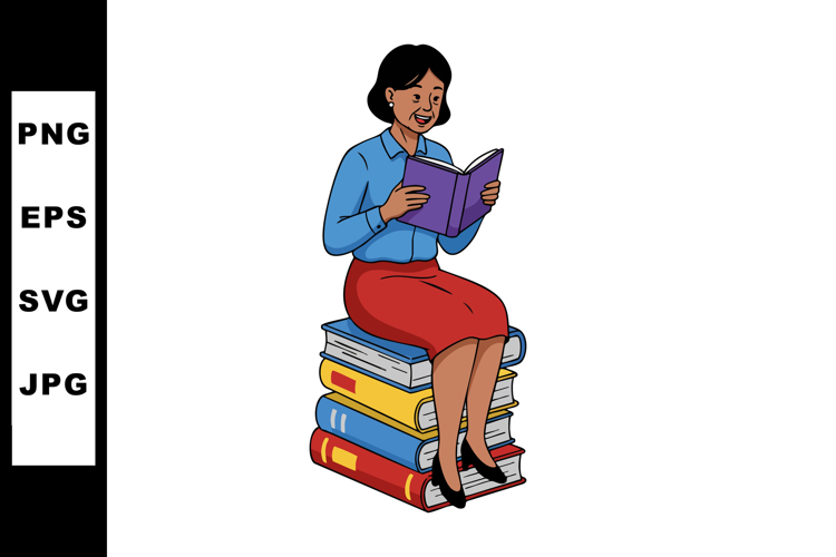 Woman reading book sitting on pile of colorful books vector