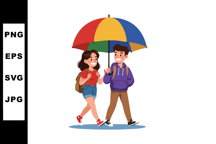 Young couple walking under colorful umbrella holding hands s