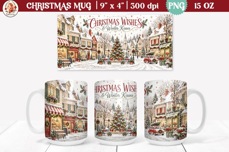 Christmas village mug wrap PNG | 15oz mug sublimation example image 1