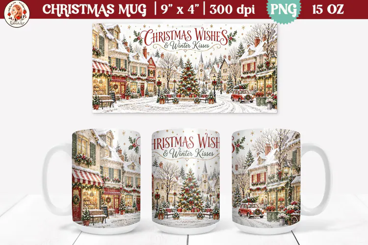 Christmas village mug wrap PNG | 15oz mug sublimation