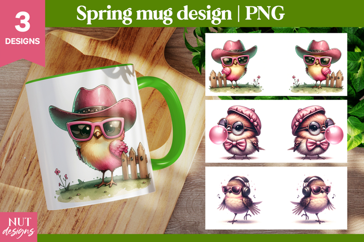 Girl Mug, Spring Mug wrap, Cool Spring Birds Pink spring mug