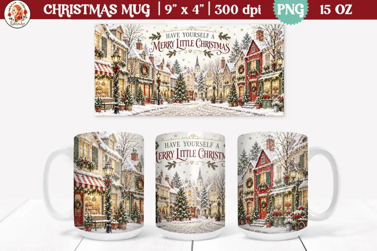 Christmas village mug wrap PNG | 15oz mug sublimation