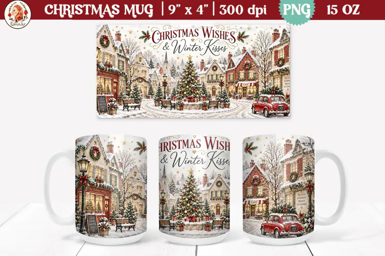Christmas village mug wrap PNG | 15oz mug sublimation