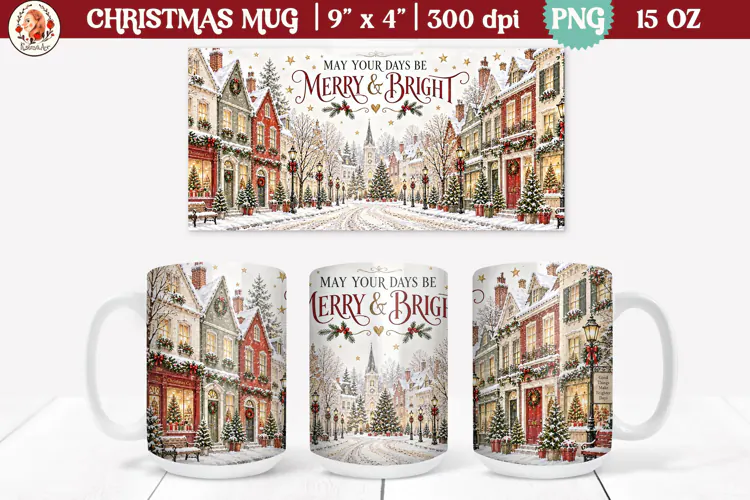 Christmas village mug wrap PNG | 15oz mug sublimation