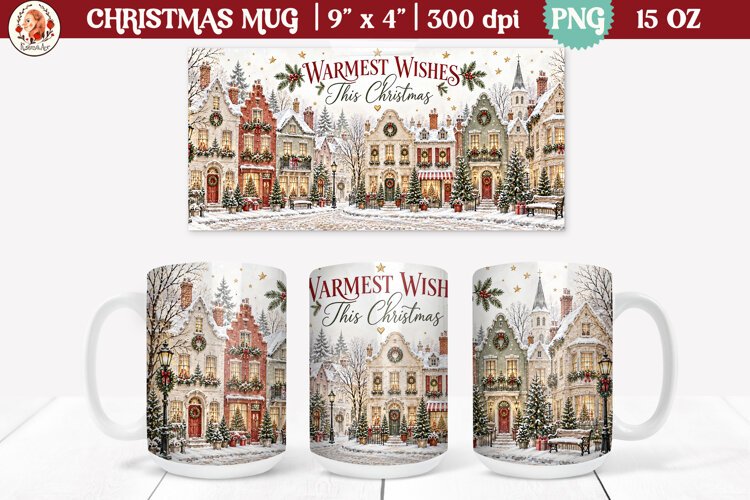 Christmas village mug wrap PNG | 15oz mug sublimation example image 1