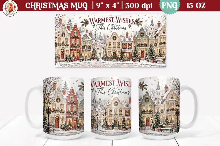 Christmas village mug wrap PNG | 15oz mug sublimation