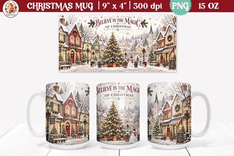 Christmas village mug wrap PNG | 15oz mug sublimation example image 1