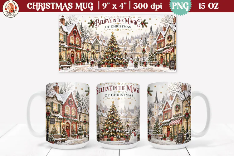 Christmas village mug wrap PNG | 15oz mug sublimation