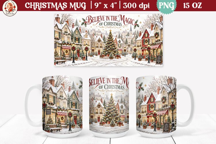 Christmas village mug wrap PNG | 15oz mug sublimation example image 1