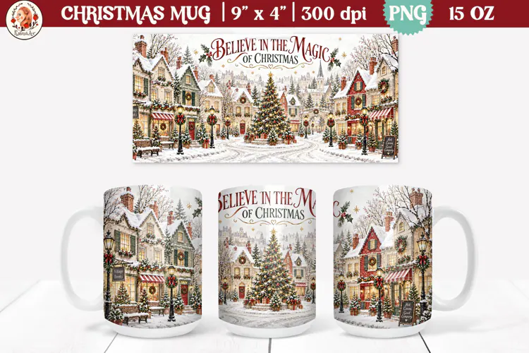 Christmas village mug wrap PNG | 15oz mug sublimation