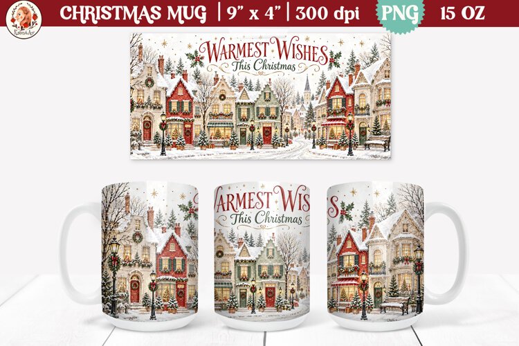 Christmas village mug wrap PNG | 15oz mug sublimation example image 1