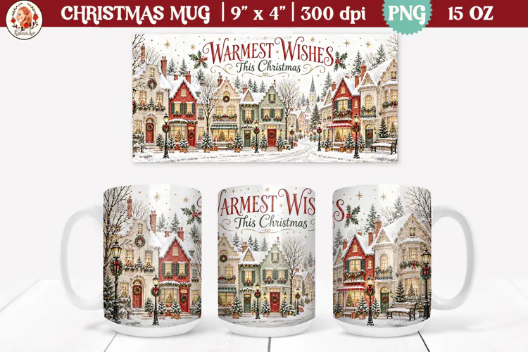Christmas village mug wrap PNG | 15oz mug sublimation