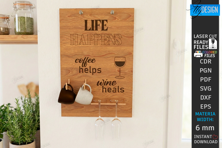 Coffee Mug and Wine Glass Holder Laser Cut | Wall Decor SVG