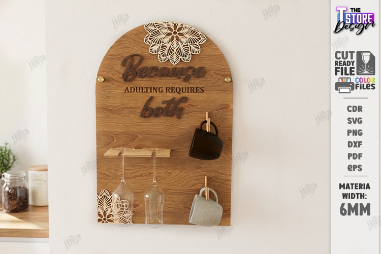 Coffee Mug and Wine Glass Holder Laser Cut | Wall Decor SVG