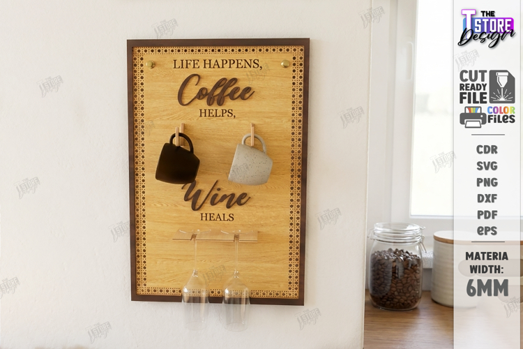 Coffee Mug and Wine Glass Holder Laser Cut | Wall Decor SVG