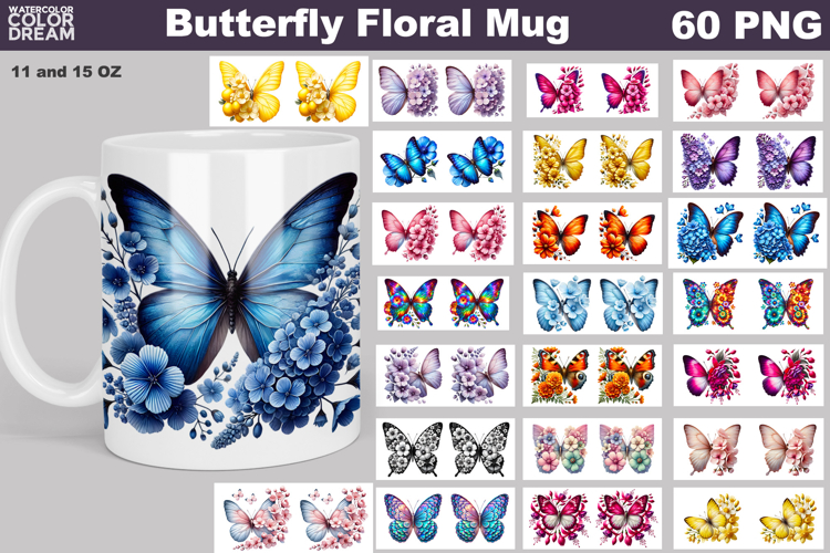 Butterfly Floral Mug Wrap | Spring Flowers Mug Sublimation