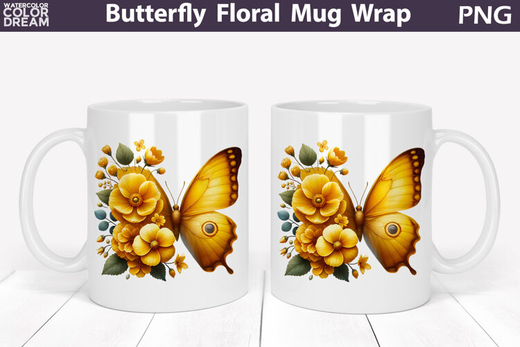 Butterfly Floral Mug Wrap | Spring Flowers Mug Sublimation example image 1