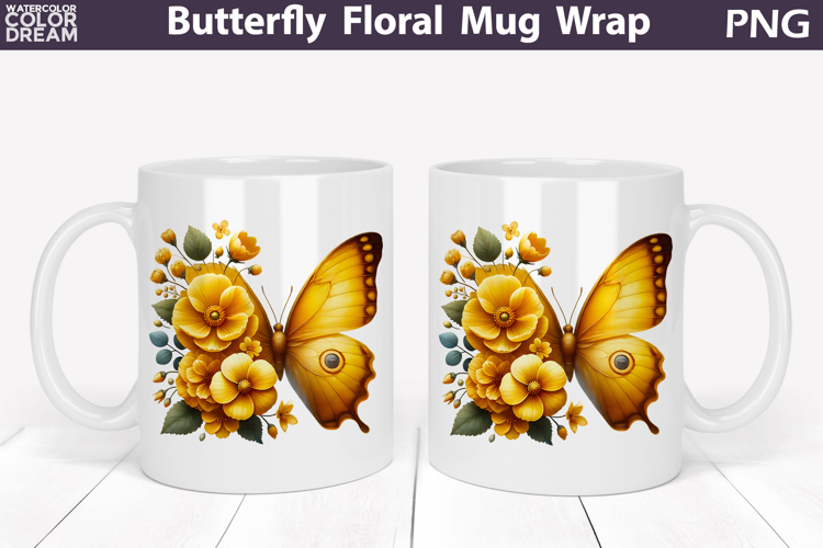 Butterfly Floral Mug Wrap | Spring Flowers Mug Sublimation