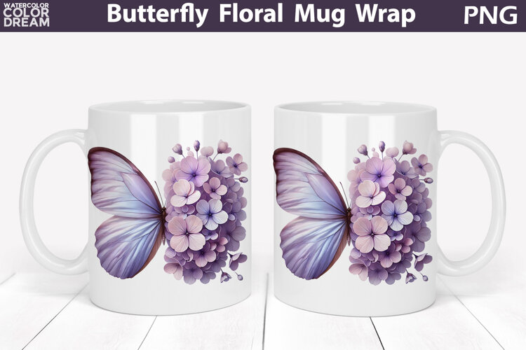 Butterfly Floral Mug Wrap | Spring Flowers Mug Sublimation example image 1