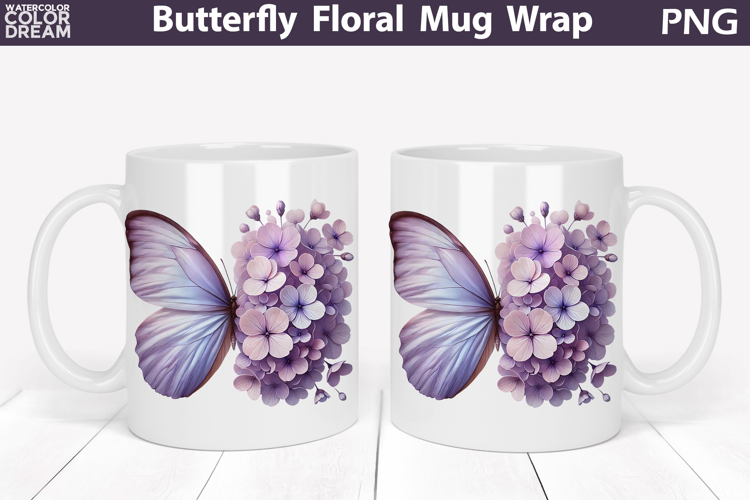 Butterfly Floral Mug Wrap | Spring Flowers Mug Sublimation